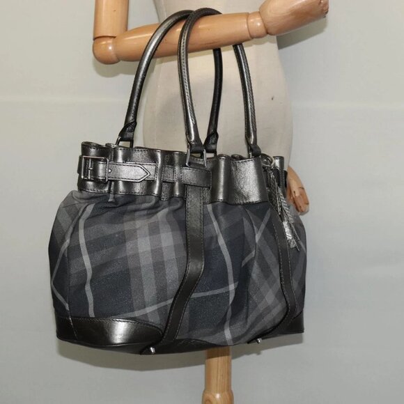 BURBERRY Tote Bag Canvas Black Silver Auth am8188